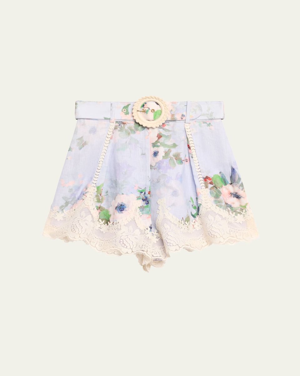 Everley Floral Lace Trim Belted Tuck Shorts